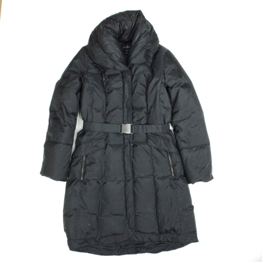 Cole Haan Box-Quilt Down Puffer Parka Coat Belt Womens Size Medium Black
